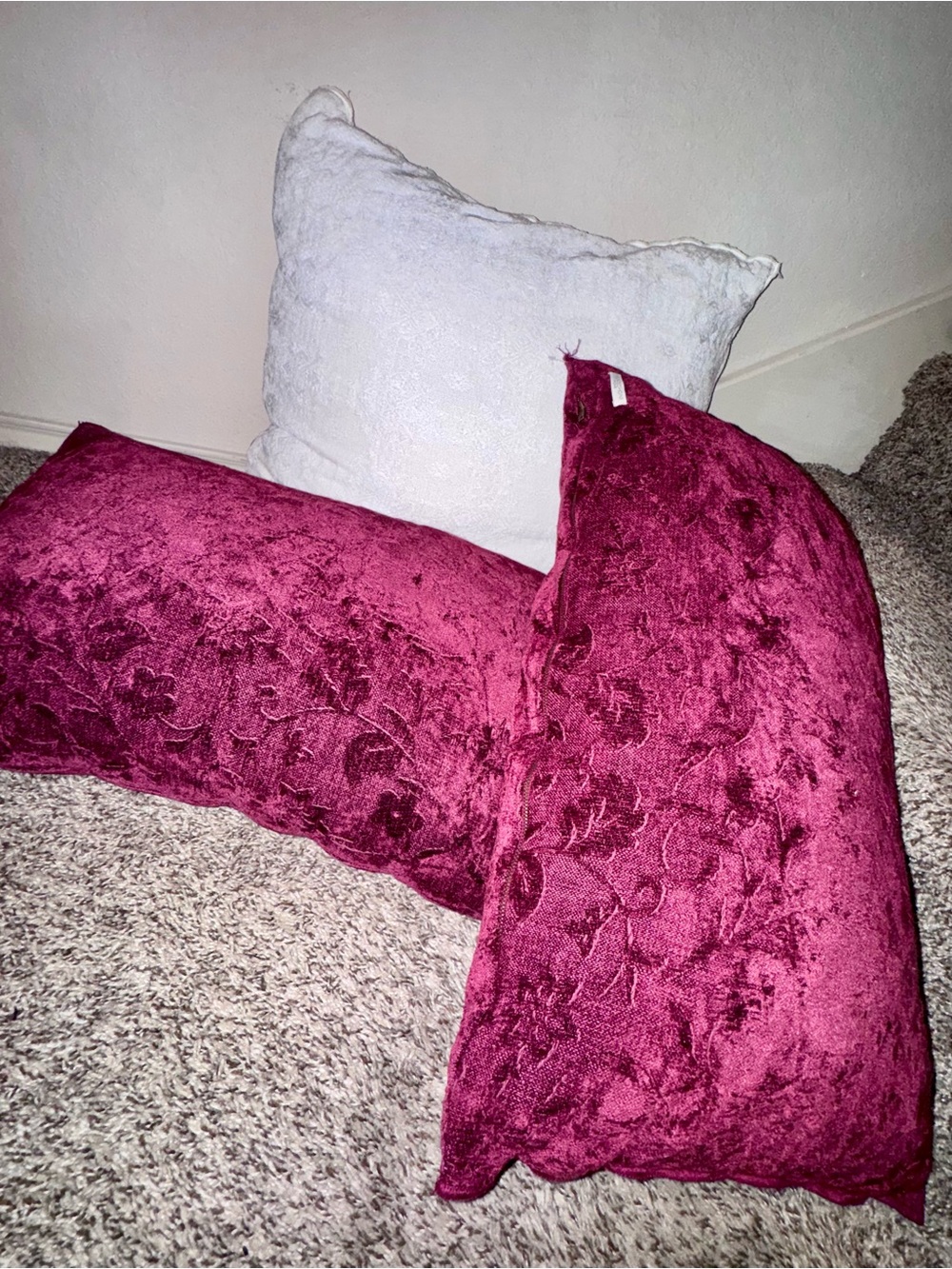 Magaschoni Velvet Embossed Throw Pillows in Rich Berry and Ivory